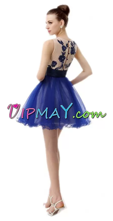 Glittering Royal Blue A-line Bateau Sleeveless Tulle Mini Length Zipper Embroidery Evening Dress