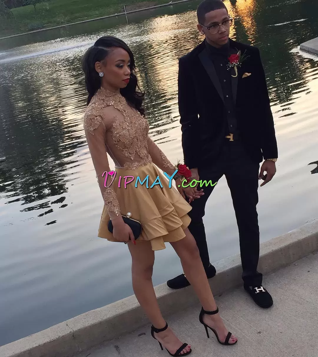 Gold Homecoming Dress Prom and Party with Appliques High-neck Long Sleeves