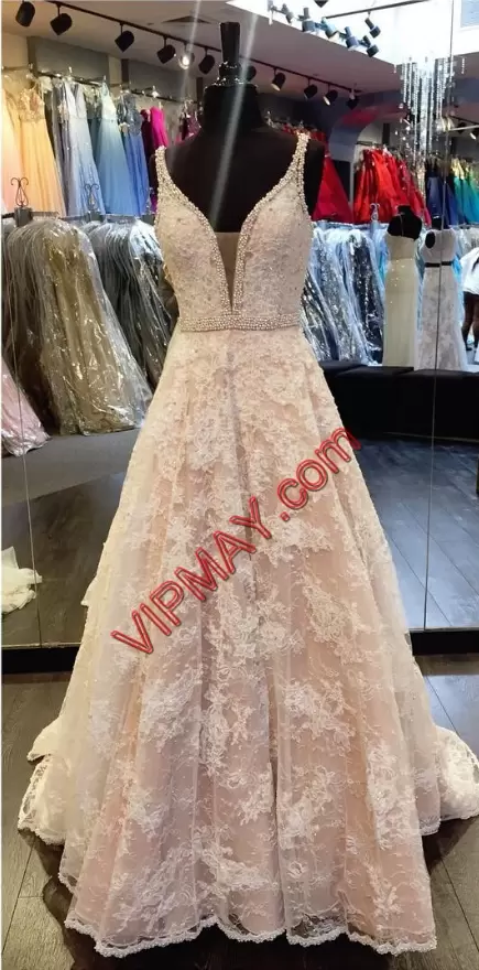 Flirting Sleeveless Asymmetrical Sweep Train Lace Up Prom Gown in Champagne with Beading and Lace and Appliques