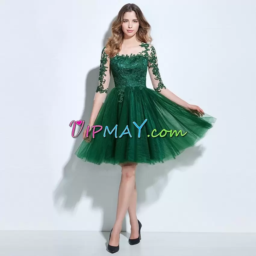 Cheap Knee Length A-line 3 4 Length Sleeve Green Prom Evening Gown Clasp Handle