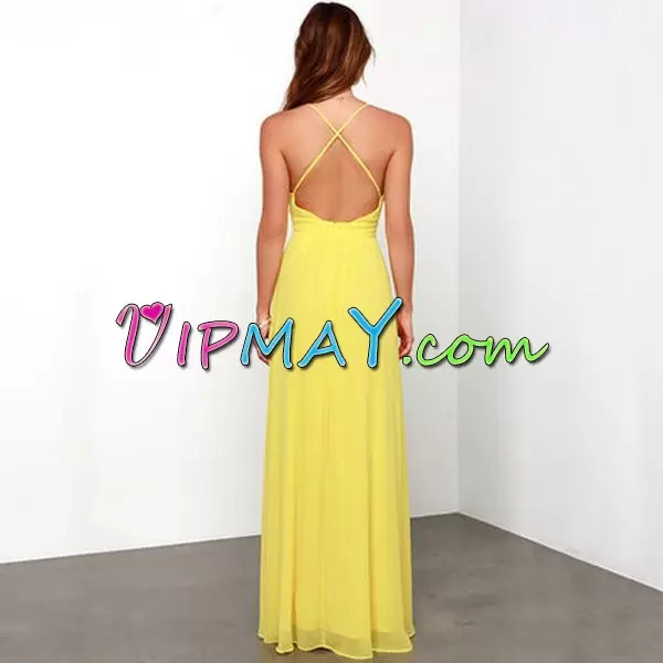 Discount Yellow Mermaid Ruching Homecoming Dress Criss Cross Chiffon Sleeveless Floor Length