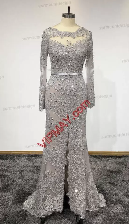 Fashion Silver Zipper Scoop Beading Evening Dress Lace Long Sleeves Sweep Train