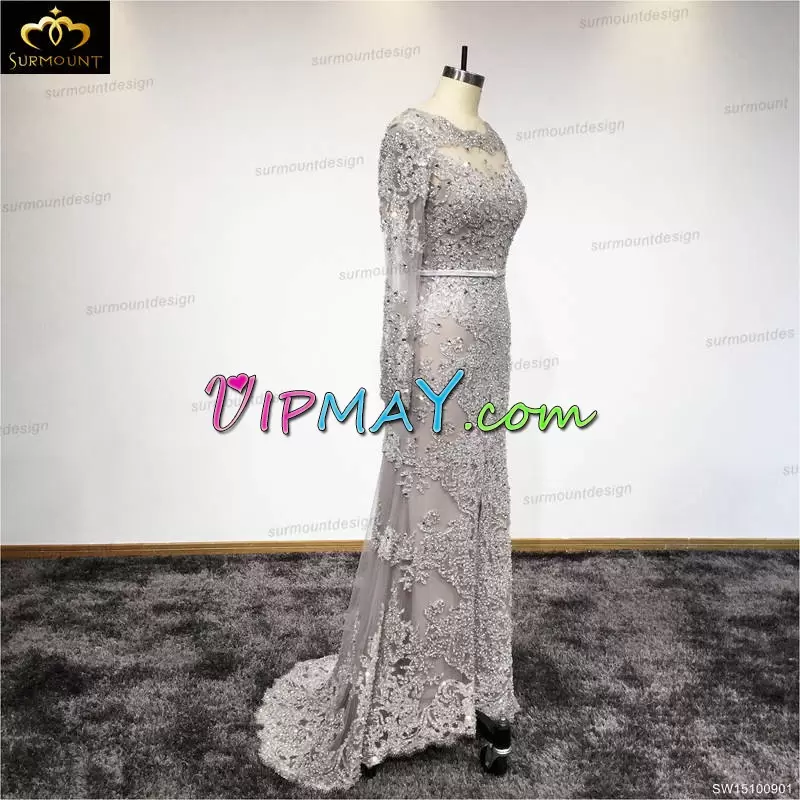 Fashion Silver Zipper Scoop Beading Evening Dress Lace Long Sleeves Sweep Train