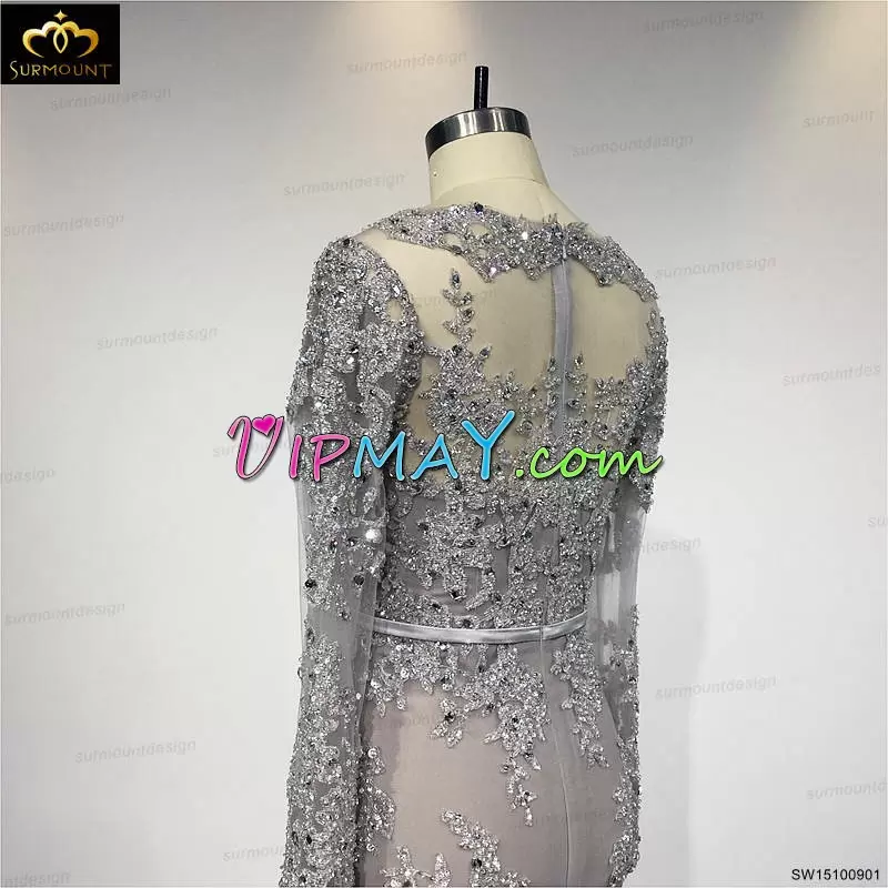 Fashion Silver Zipper Scoop Beading Evening Dress Lace Long Sleeves Sweep Train