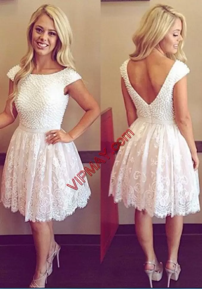 Knee Length White Prom Dress Scoop Cap Sleeves Zipper