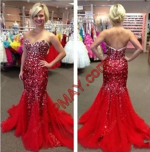 Red Tulle Zipper Sweetheart Sleeveless Sweep Train Beading