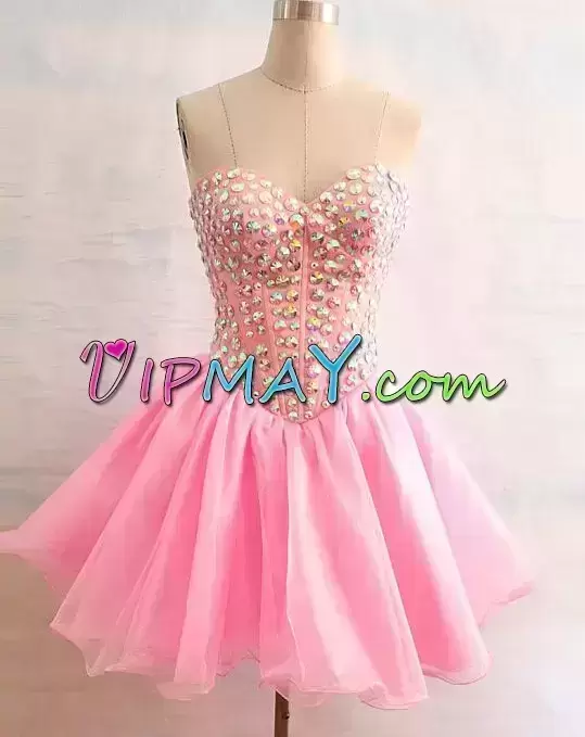 Sweetheart Sleeveless Prom Dress Mini Length Beading Pink Organza