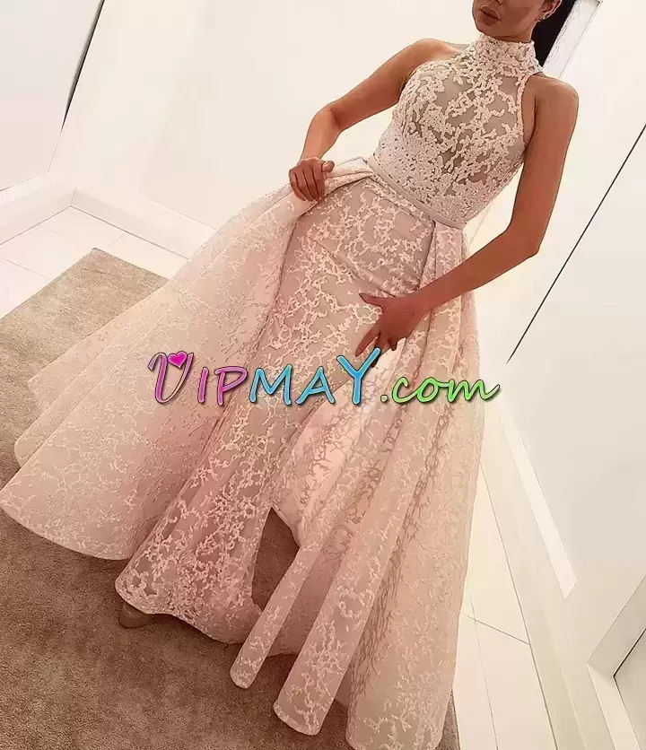 Custom Fit Mermaid Sleeveless Pink Dress for Prom Watteau Train Lace Up