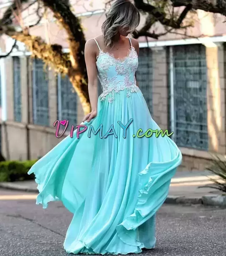 Aqua Blue Sleeveless Lace Floor Length Prom Party Dress