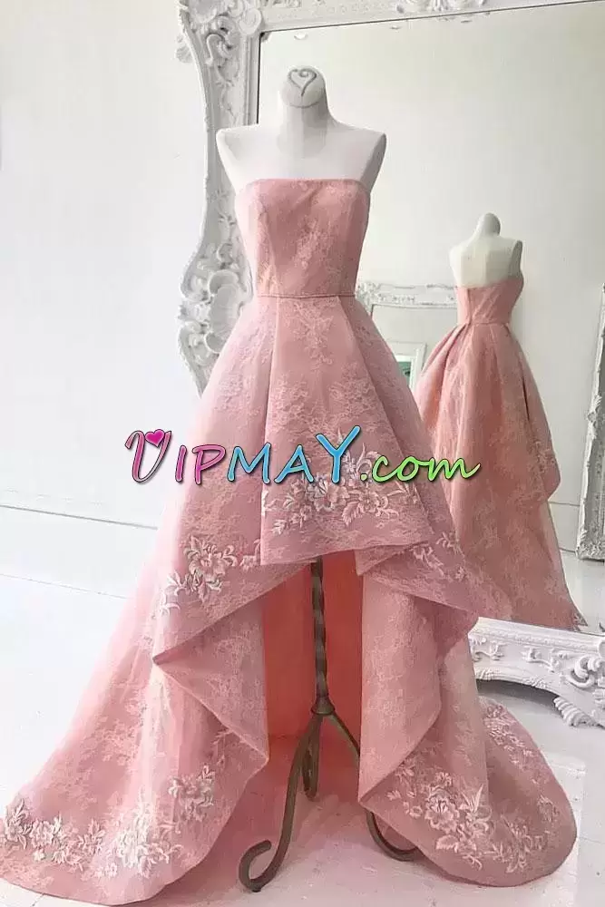 Strapless Sleeveless Brush Train Lace Up Prom Dresses Pink Lace Embroidery