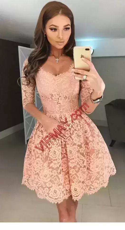 Noble Peach V-neck Lace Dress for Prom Lace Half Sleeves