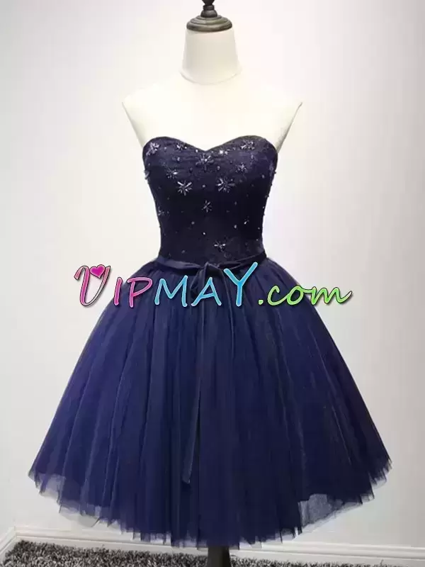 Navy Blue Tulle Lace Up Sweetheart Sleeveless Mini Length Evening Dress Lace and Appliques