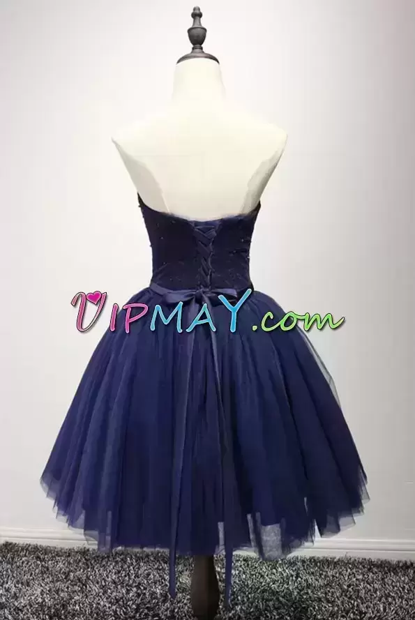 Navy Blue Tulle Lace Up Sweetheart Sleeveless Mini Length Evening Dress Lace and Appliques