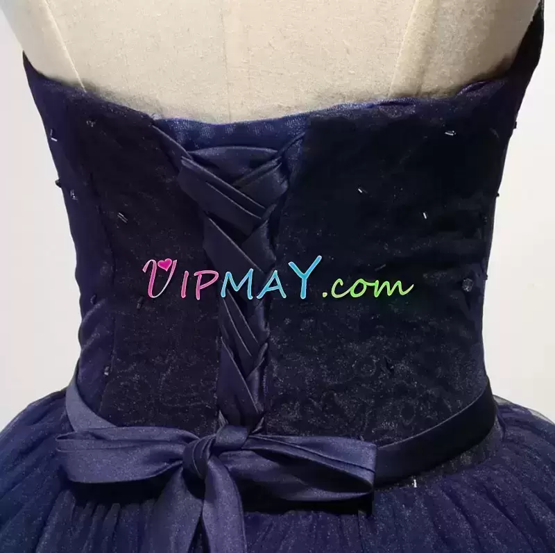 Navy Blue Tulle Lace Up Sweetheart Sleeveless Mini Length Evening Dress Lace and Appliques