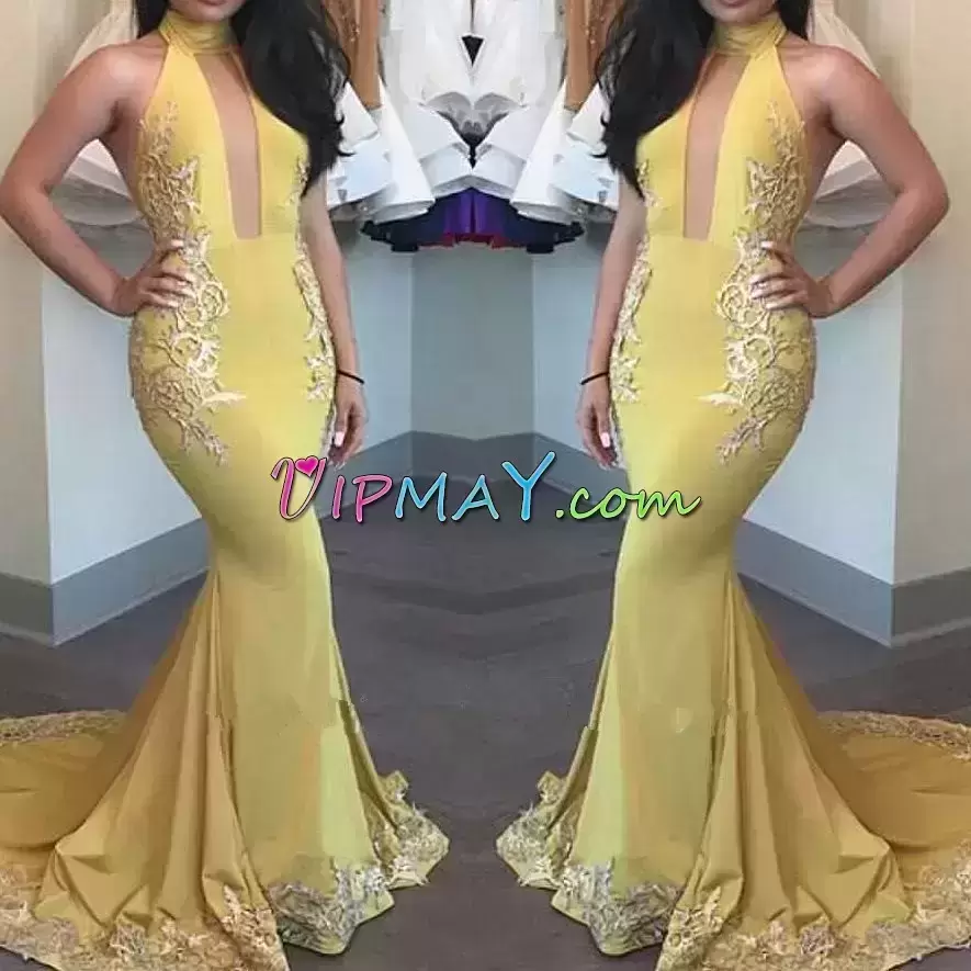 Free and Easy Yellow Sleeveless Court Train Lace Up Prom Party Dress for Prom and Party