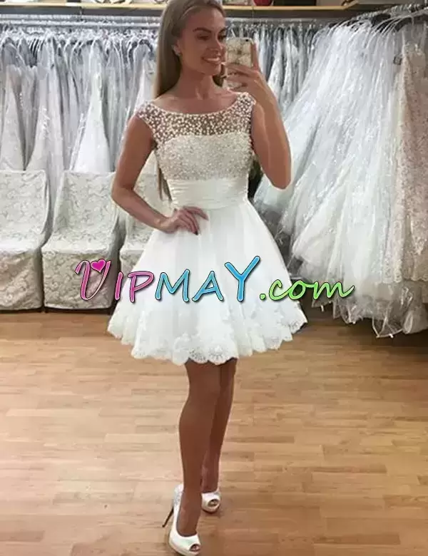 Flare Mini Length White Prom Gown Tulle Sleeveless Beading