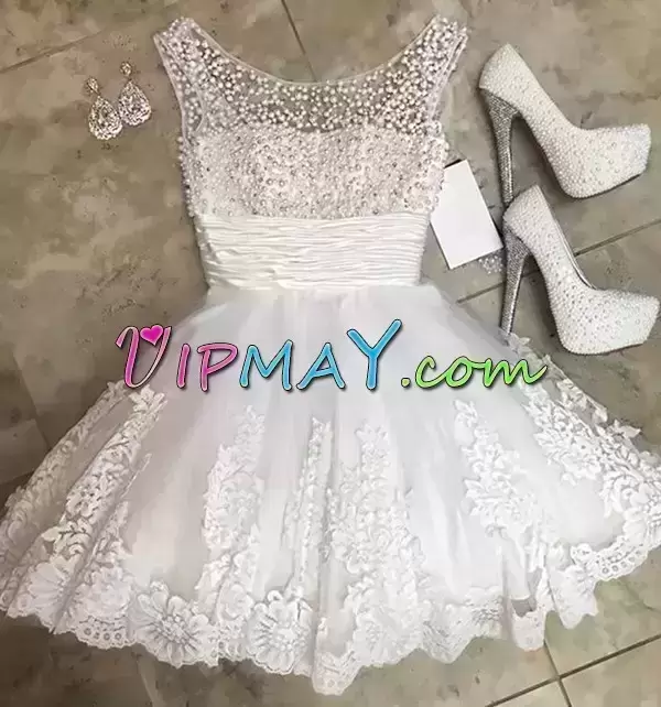 Flare Mini Length White Prom Gown Tulle Sleeveless Beading