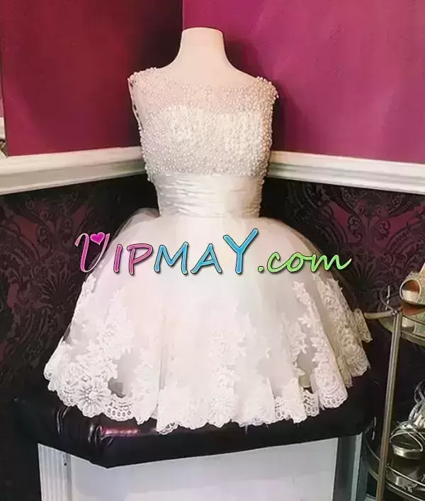 Flare Mini Length White Prom Gown Tulle Sleeveless Beading