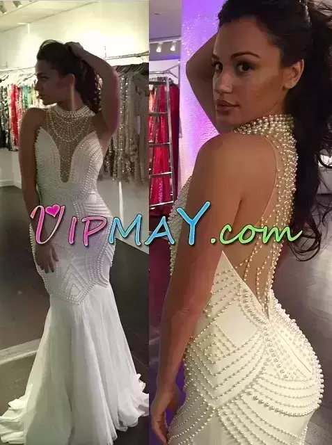 Luxurious Beading Junior Homecoming Dress White Zipper Sleeveless Sweep Train