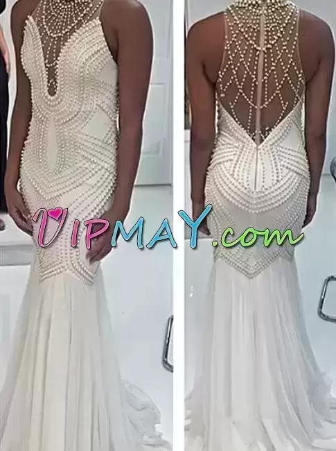 Luxurious Beading Junior Homecoming Dress White Zipper Sleeveless Sweep Train