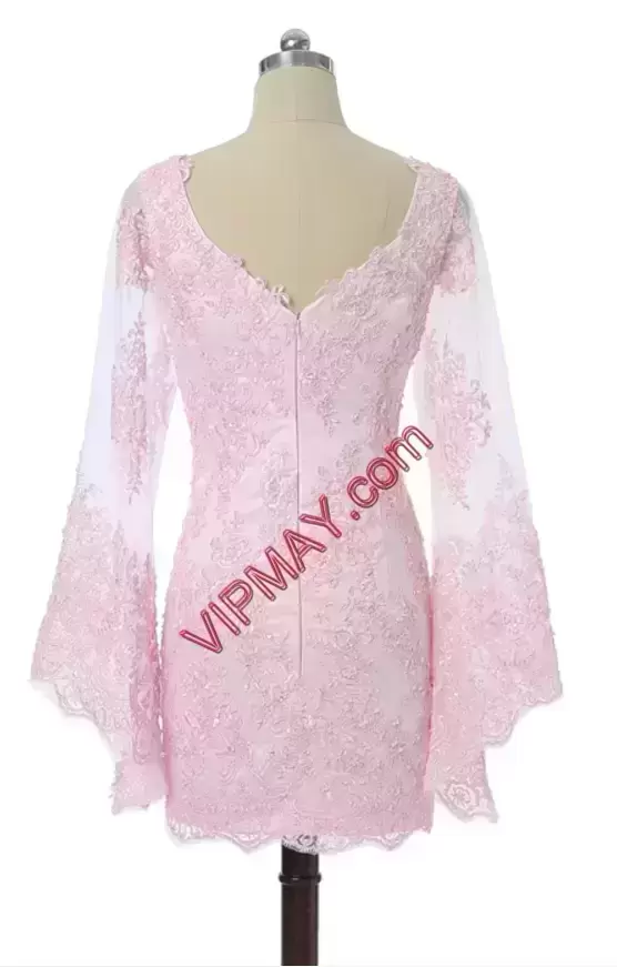 Custom Design Baby Pink Column Sheath Lace Dress for Prom Zipper Lace Long Sleeves Mini Length