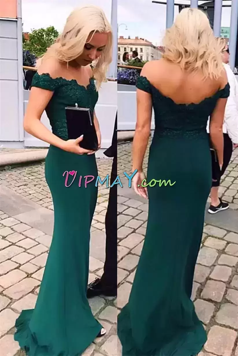 Popular Green Zipper Off The Shoulder Lace Prom Party Dress Sleeveless Brush Train