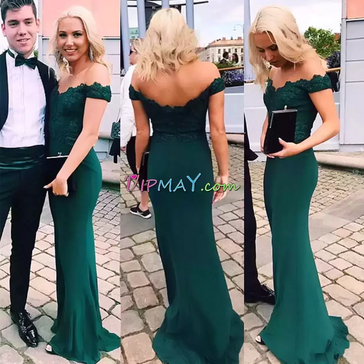 Popular Green Zipper Off The Shoulder Lace Prom Party Dress Sleeveless Brush Train