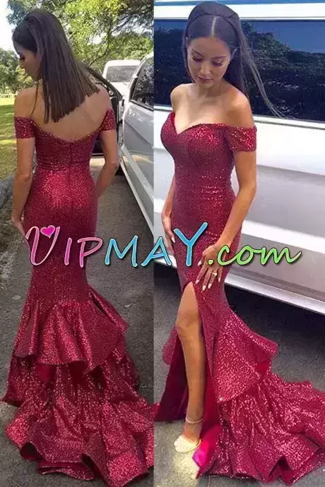 Burgundy Zipper Sleeveless Sweep Train Sequins Prom Dress