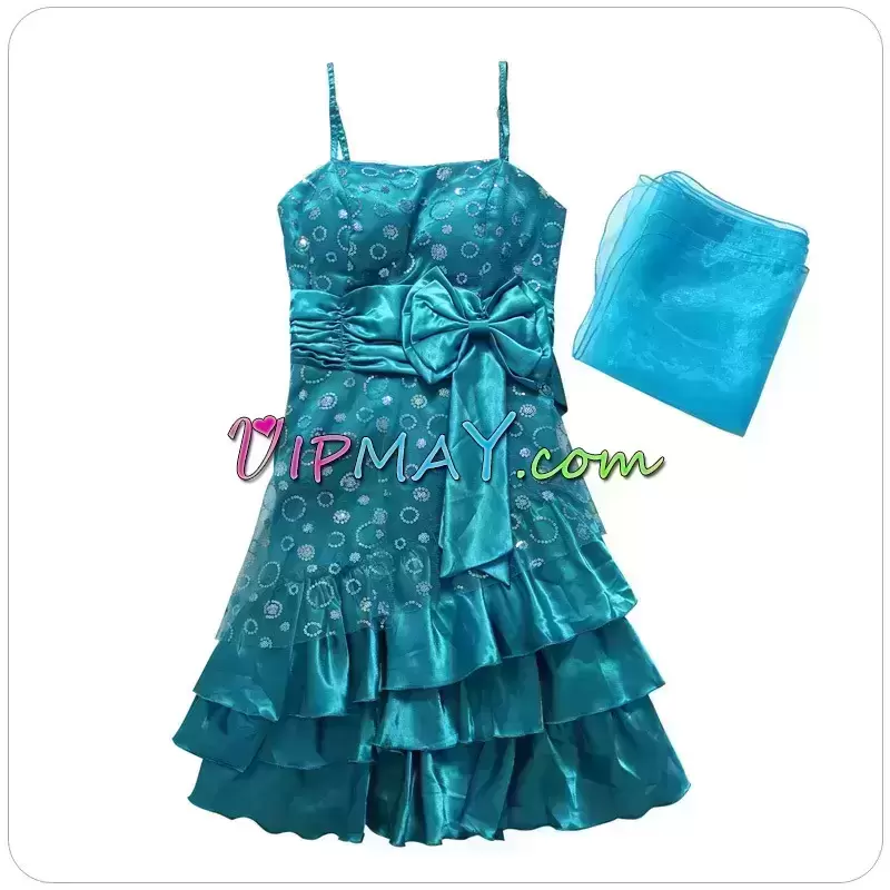 Clearance Satin Spaghetti Straps Sleeveless Lace Up Beading and Ruffled Layers and Bowknot Evening Dress in Teal