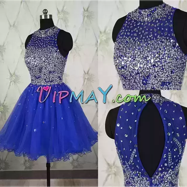 Blue Halter Top Backless Beading Prom Homecoming Dress Sleeveless