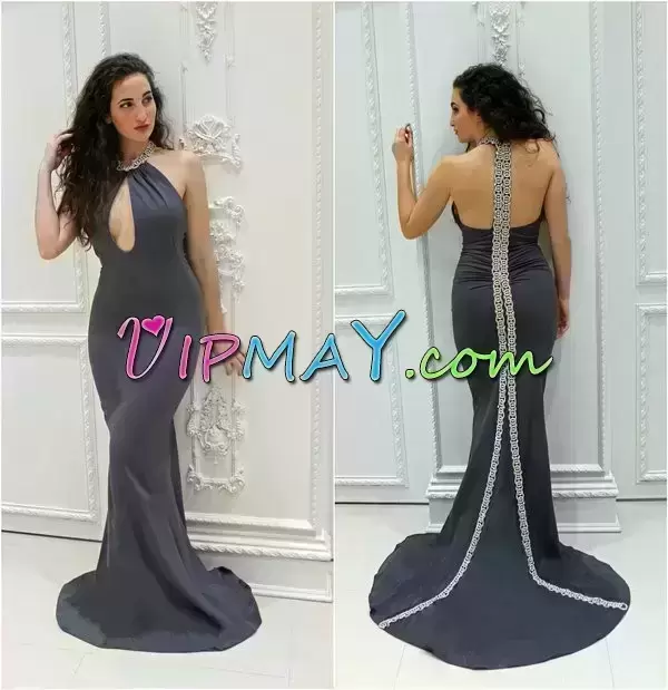 Best Grey Sleeveless Floor Length Beading and Lace Lace Up Prom Dresses Halter Top