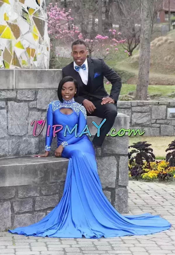royal blue fitted prom dress,royal blue prom dress long,spandex prom dress,long party dress with sleeves,long sleeve fishtail prom dress,long sleeve long prom dress cheap,formal dress with cutouts,mermaid style prom dress with sleeves,prom dress with mermaid bottom,long train dress for prom,