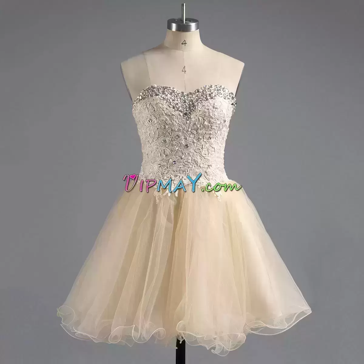 Captivating Sleeveless Tulle Mini Length Lace Up Prom Dress in Champagne with Beading and Lace