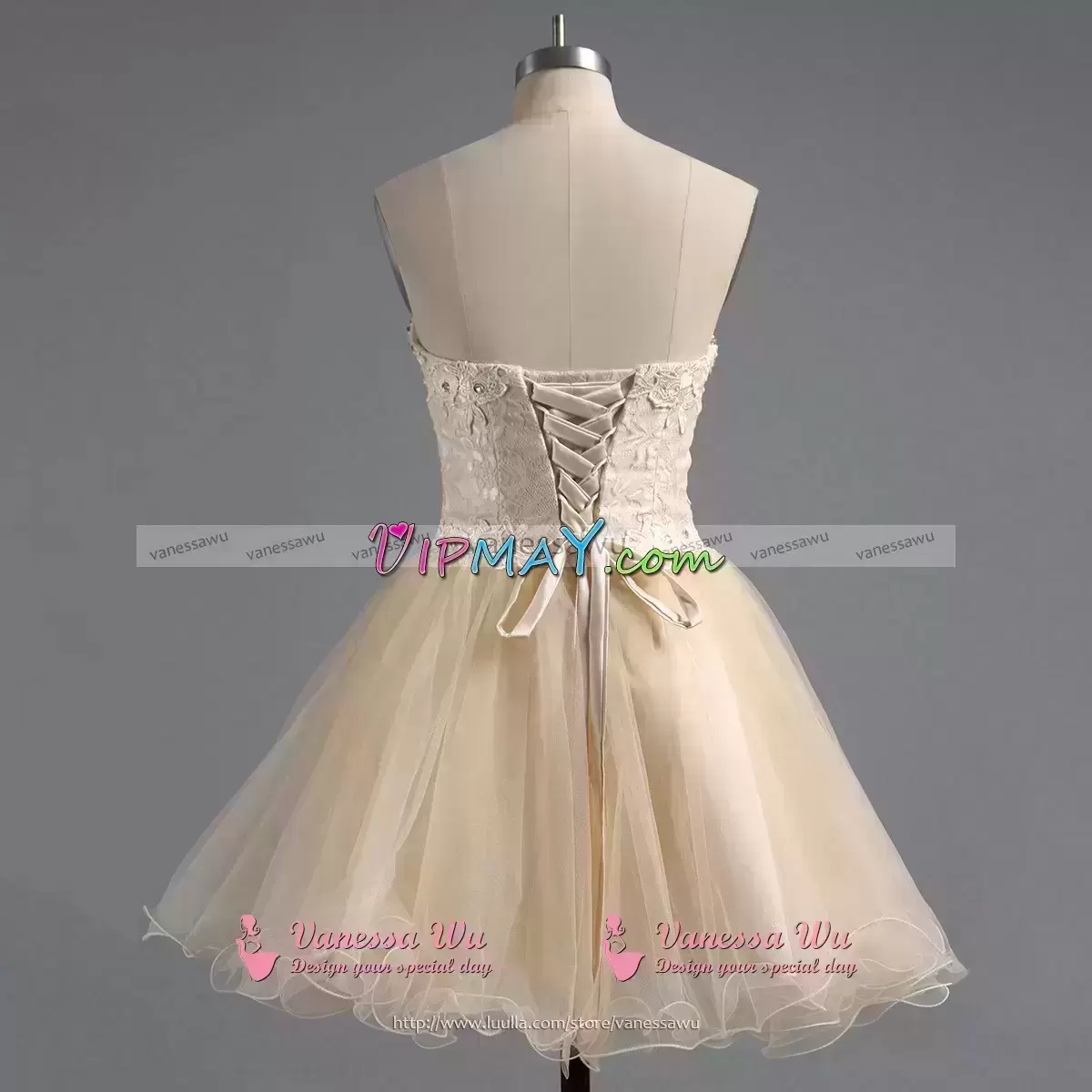 Captivating Sleeveless Tulle Mini Length Lace Up Prom Dress in Champagne with Beading and Lace