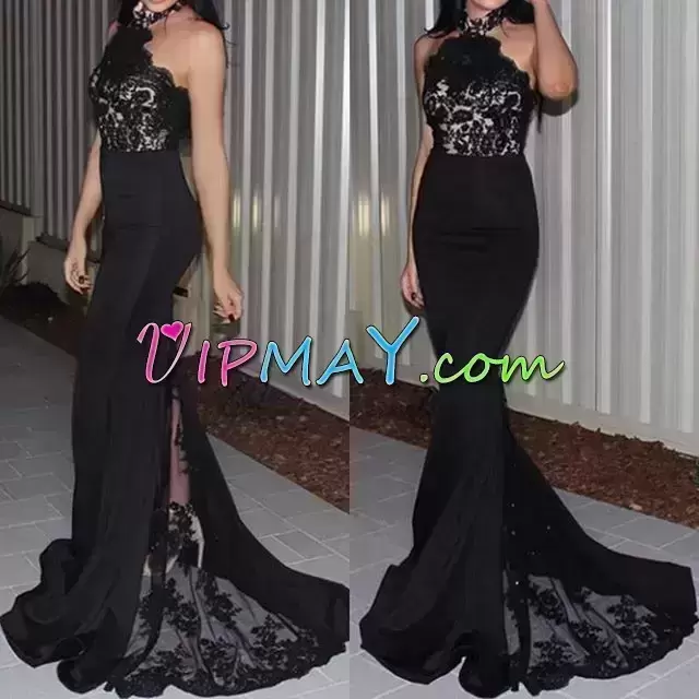 Cheap Sleeveless High-neck Sweep Train Lace and Appliques Zipper Homecoming Gowns