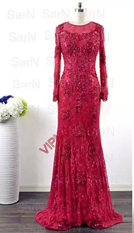 Long Sleeves Lace Sweep Train Zipper Homecoming Dress in Red with Beading and Appliques