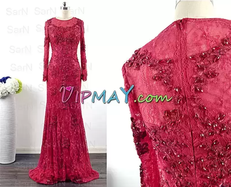 Long Sleeves Lace Sweep Train Zipper Homecoming Dress in Red with Beading and Appliques