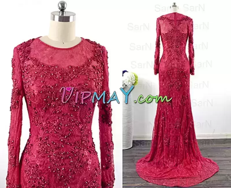 Long Sleeves Lace Sweep Train Zipper Homecoming Dress in Red with Beading and Appliques