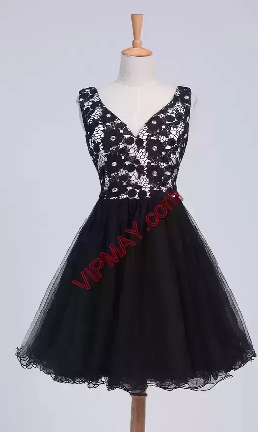Cute Sleeveless Tulle Knee Length Lace Up Prom Homecoming Dress in Black with Lace