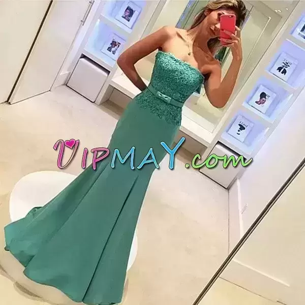 Sweet Lace Up Prom Dress Turquoise for Prom and Party with Lace and Belt Sweep Train