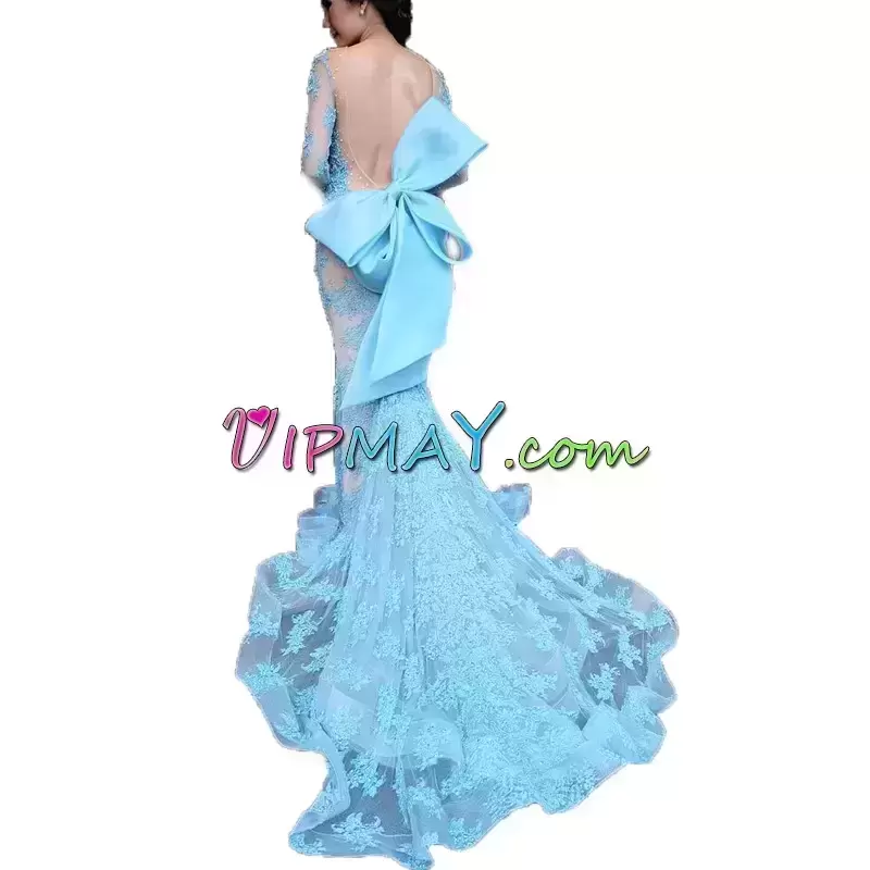 V-neck Long Sleeves Tulle Junior Homecoming Dress Appliques and Bowknot Backless