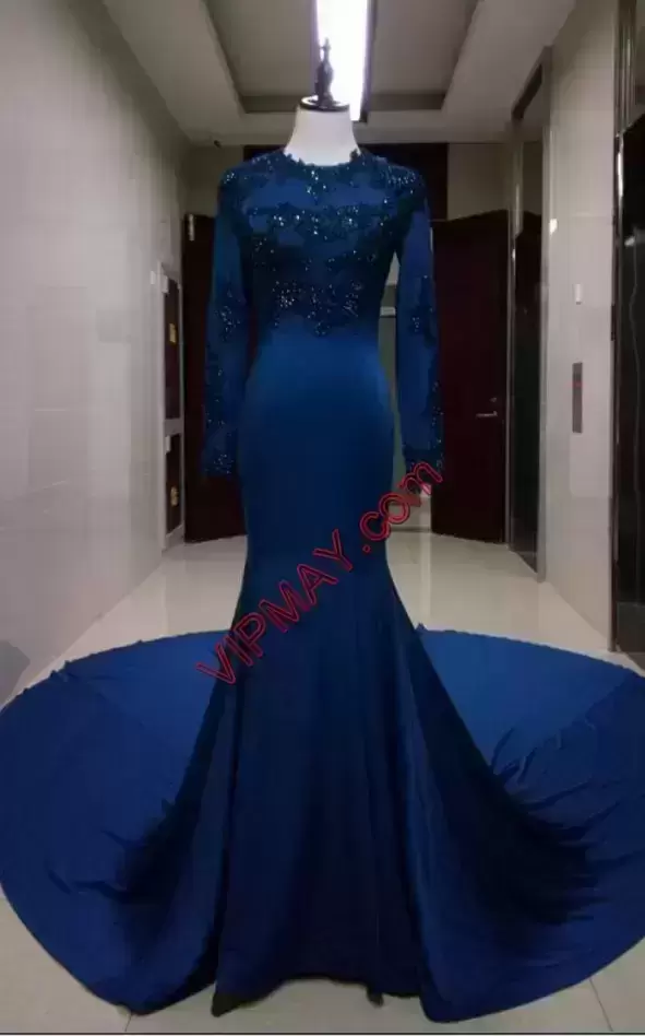 Royal Blue Mermaid High-neck Long Sleeves Beading and Appliques With Train Zipper Homecoming Dress Chapel Train