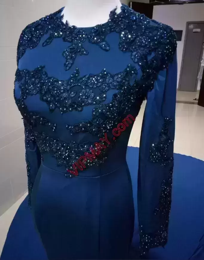 Royal Blue Mermaid High-neck Long Sleeves Beading and Appliques With Train Zipper Homecoming Dress Chapel Train