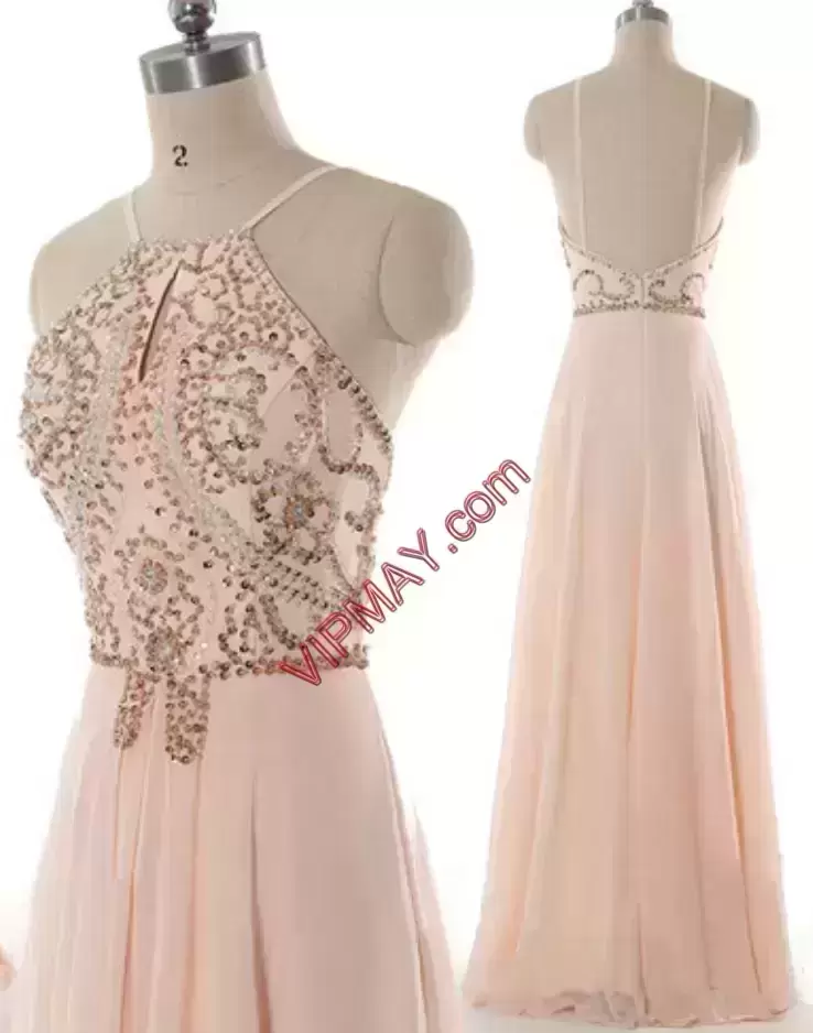 Stylish Pink Backless Spaghetti Straps Beading Evening Dress Chiffon Sleeveless