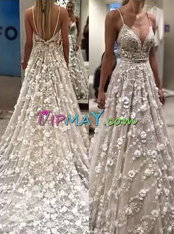 Hot Selling Grey Backless Prom Gown Hand Made Flower Sleeveless With Train Court Train