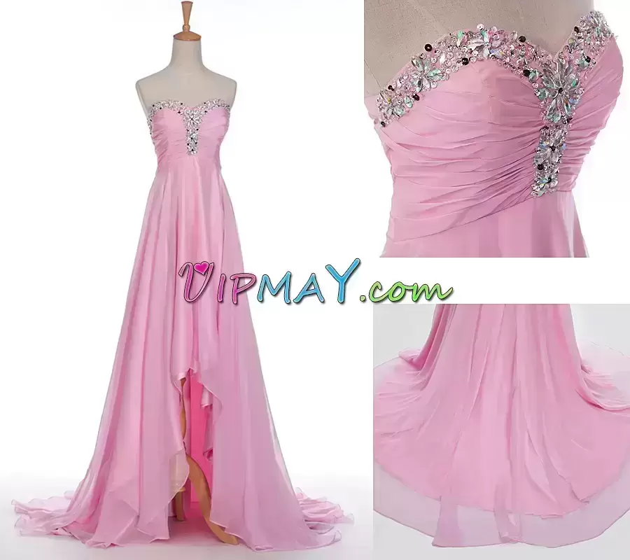 Sweetheart Sleeveless Court Train Lace Up Pink Chiffon Beading and Ruching