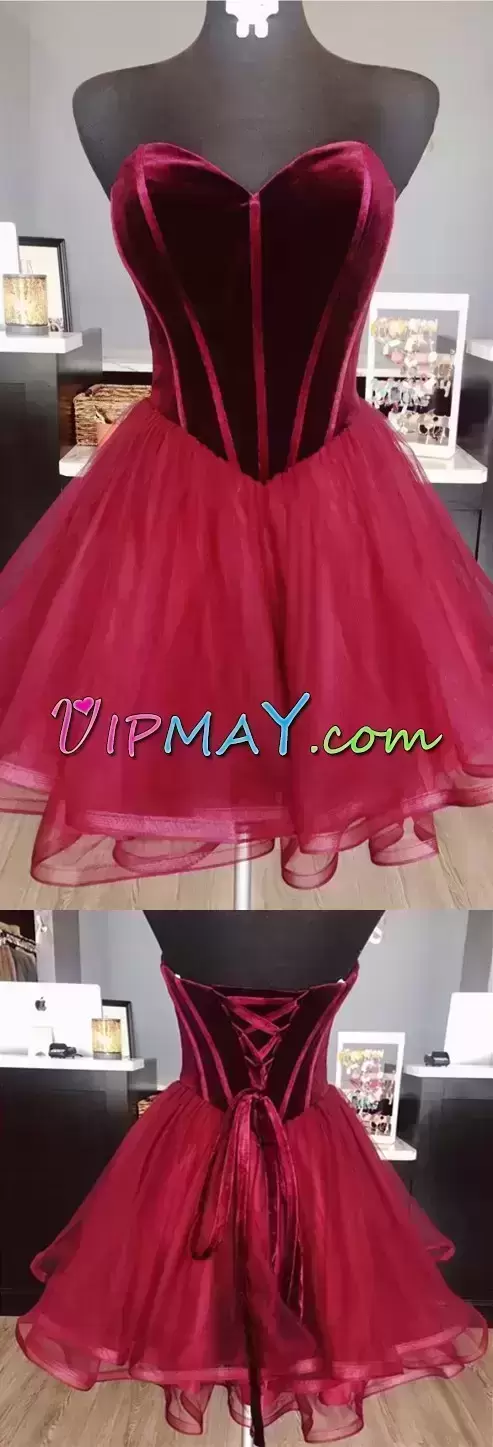 Deluxe Burgundy A-line Sweetheart Sleeveless Tulle Mini Length Lace Up Ruching Prom Homecoming Dress