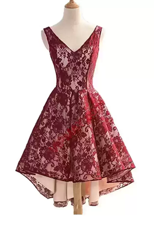 Stunning Red Sleeveless Lace High Low Homecoming Dress Online