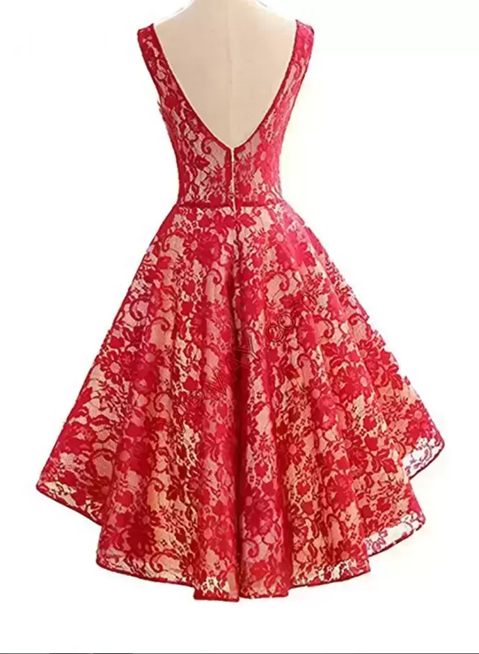 Stunning Red Sleeveless Lace High Low Homecoming Dress Online