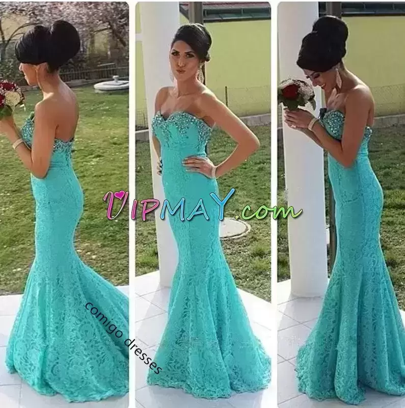 Enchanting Apple Green Mermaid Sweetheart Sleeveless Lace Floor Length Zipper Lace Hoco Dress